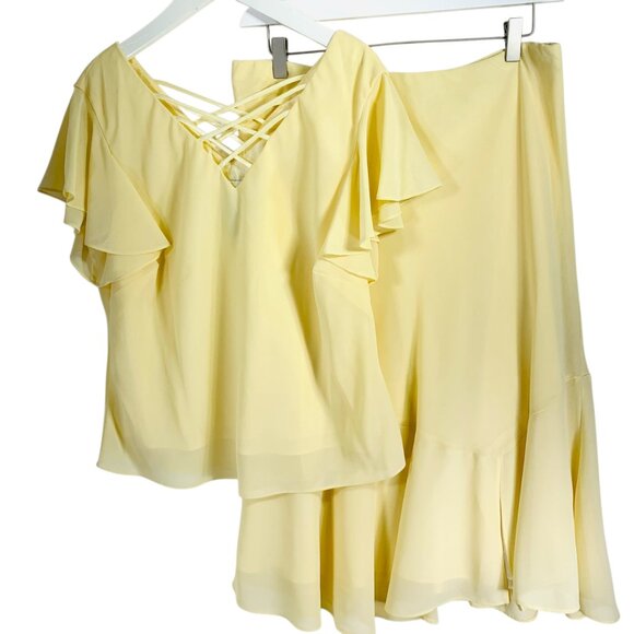 Plus size blouse and skirt set chiffon soft canary yellow SZ 14 top 16 skirt - Picture 16 of 16
